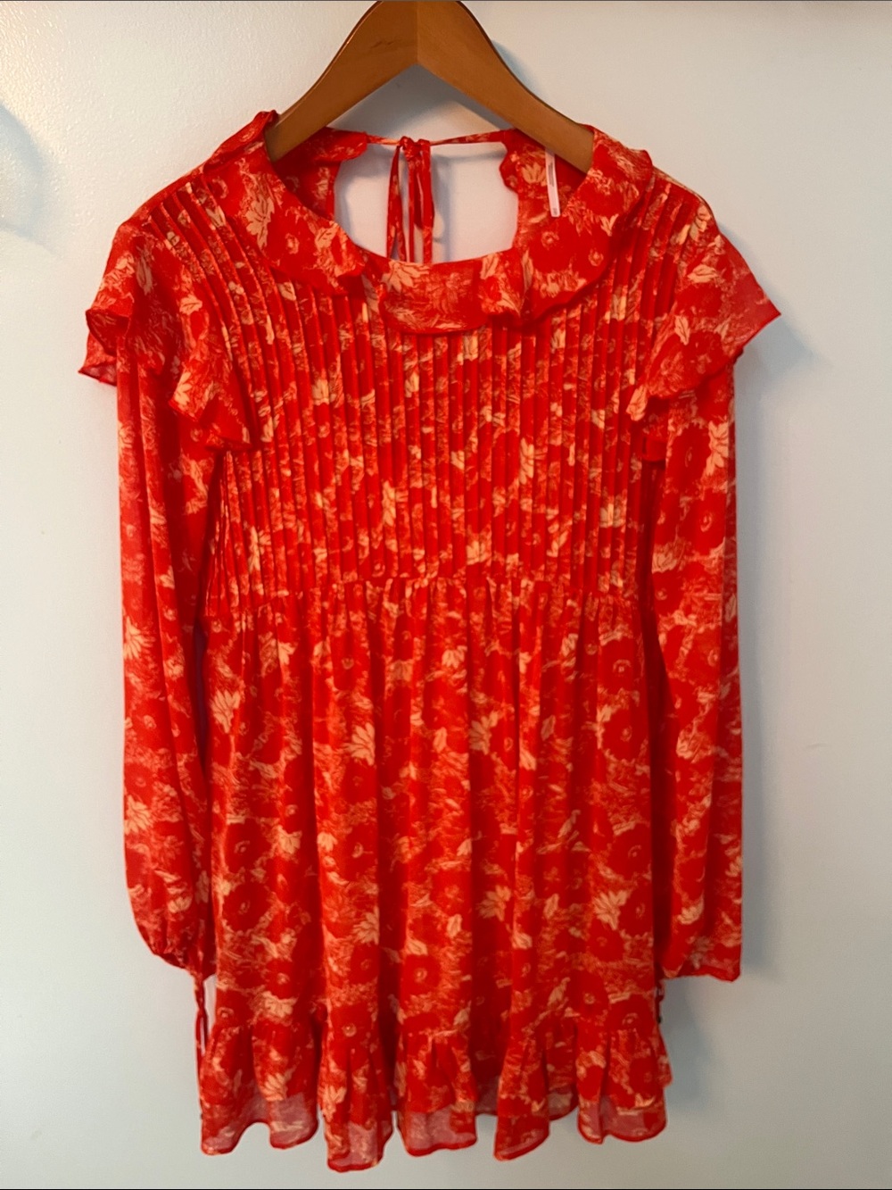 Free People Red Floral Pintuck Ruffle Tunic